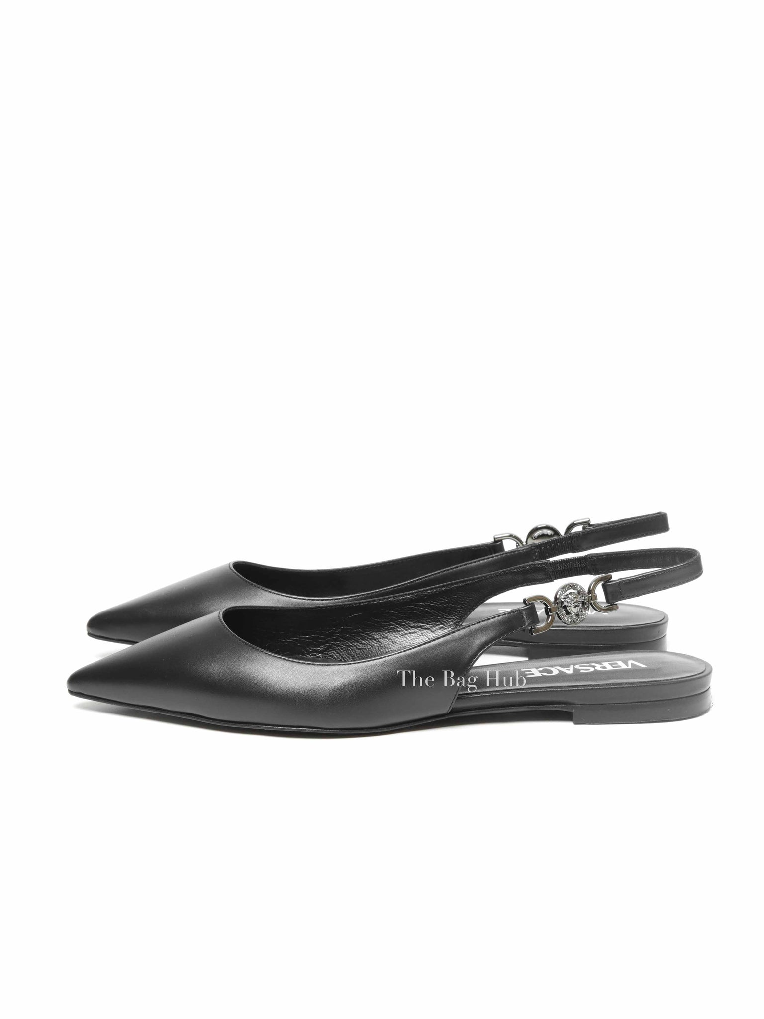 Versace Black Leather Camuto Jesander Low Heel Pointed Toe Slingback size 37