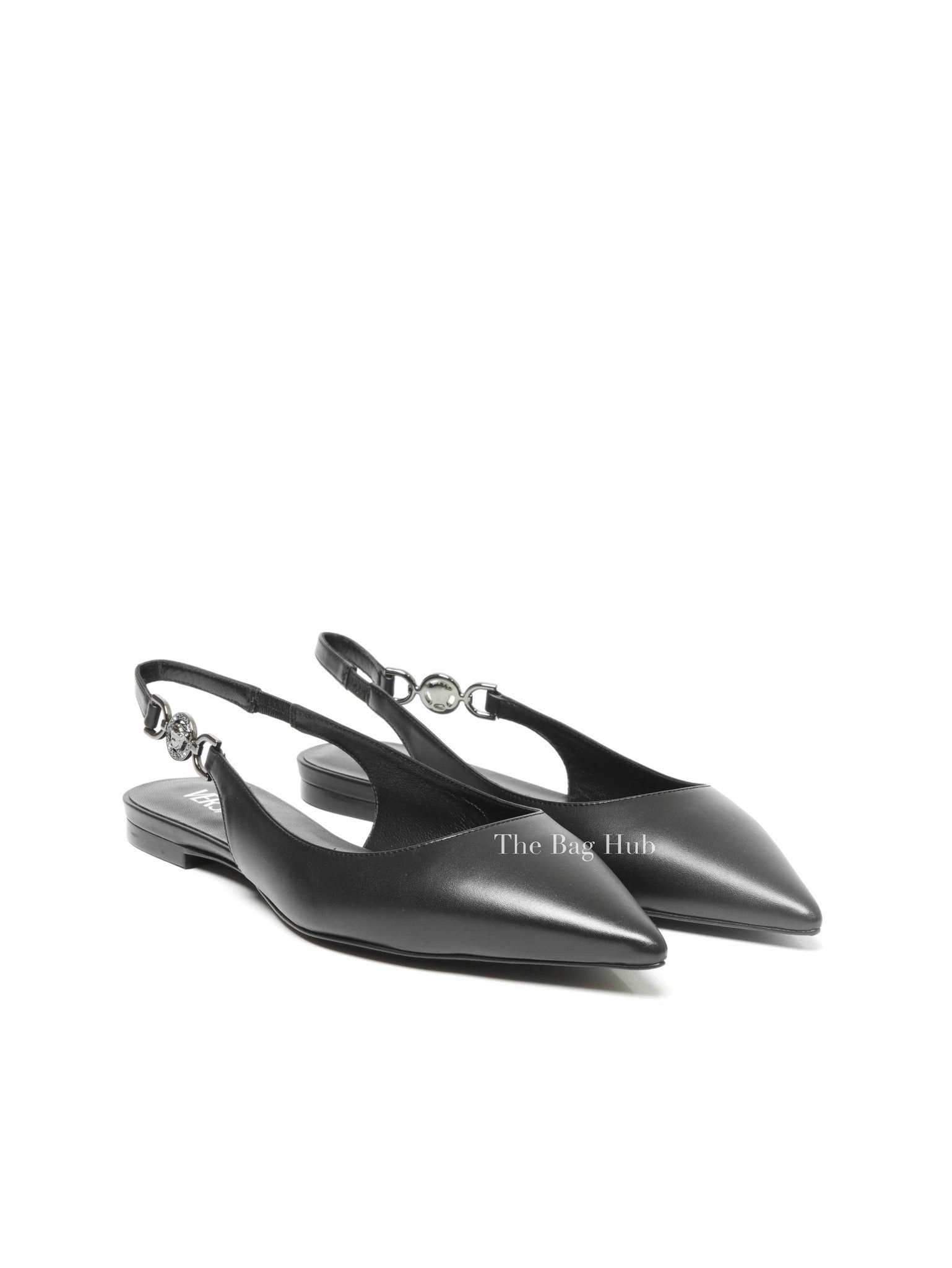 Versace Black Leather Camuto Jesander Low Heel Pointed Toe Slingback size 37