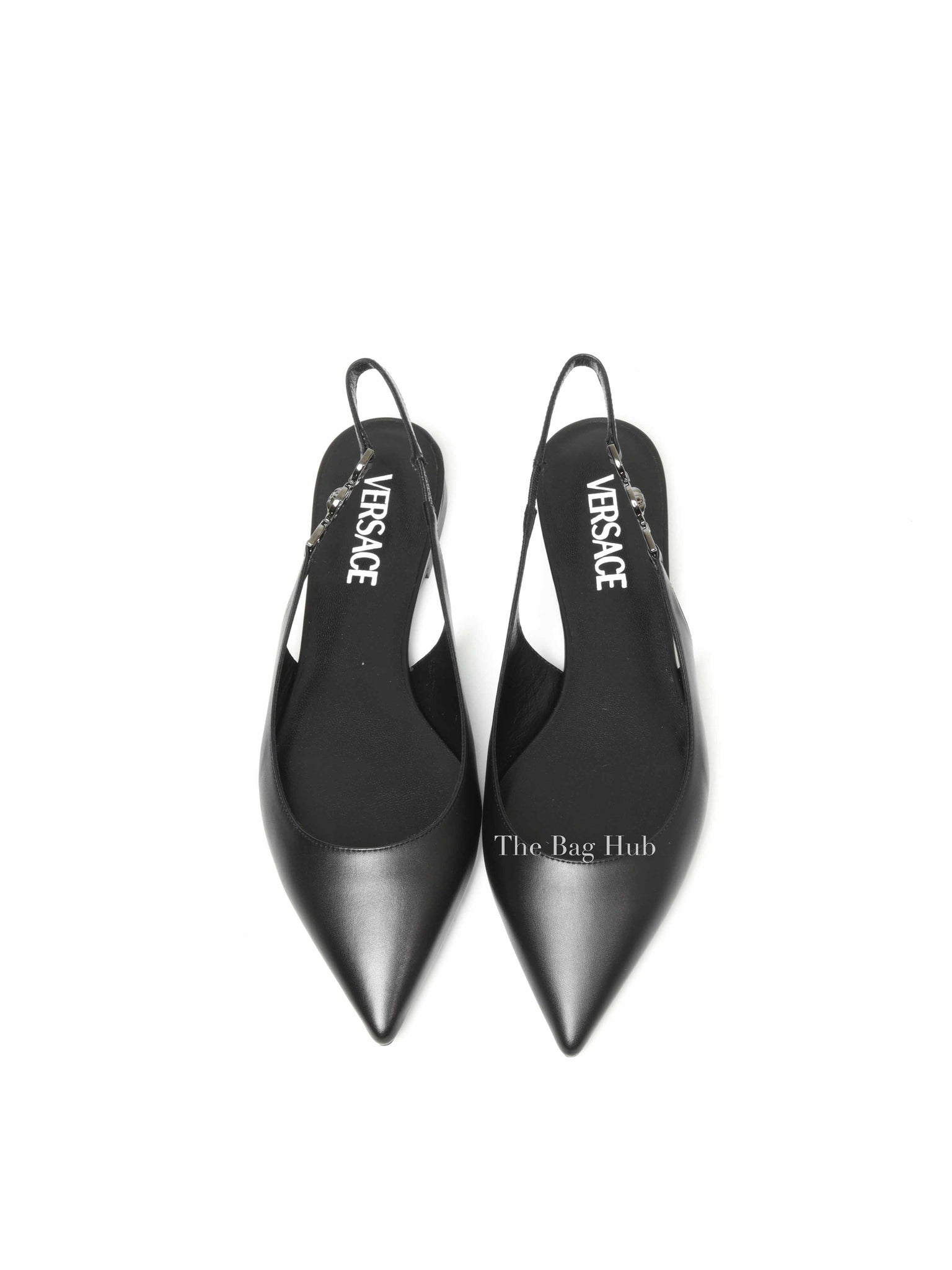 Versace Black Leather Camuto Jesander Low Heel Pointed Toe Slingback size 37
