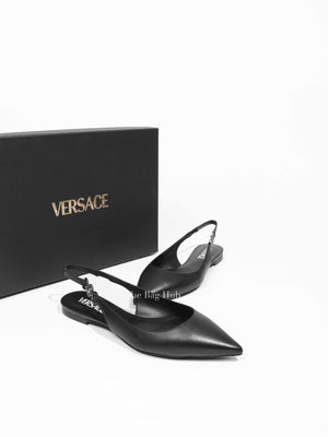 Versace Black Leather Camuto Jesander Low Heel Pointed Toe Slingback size 37