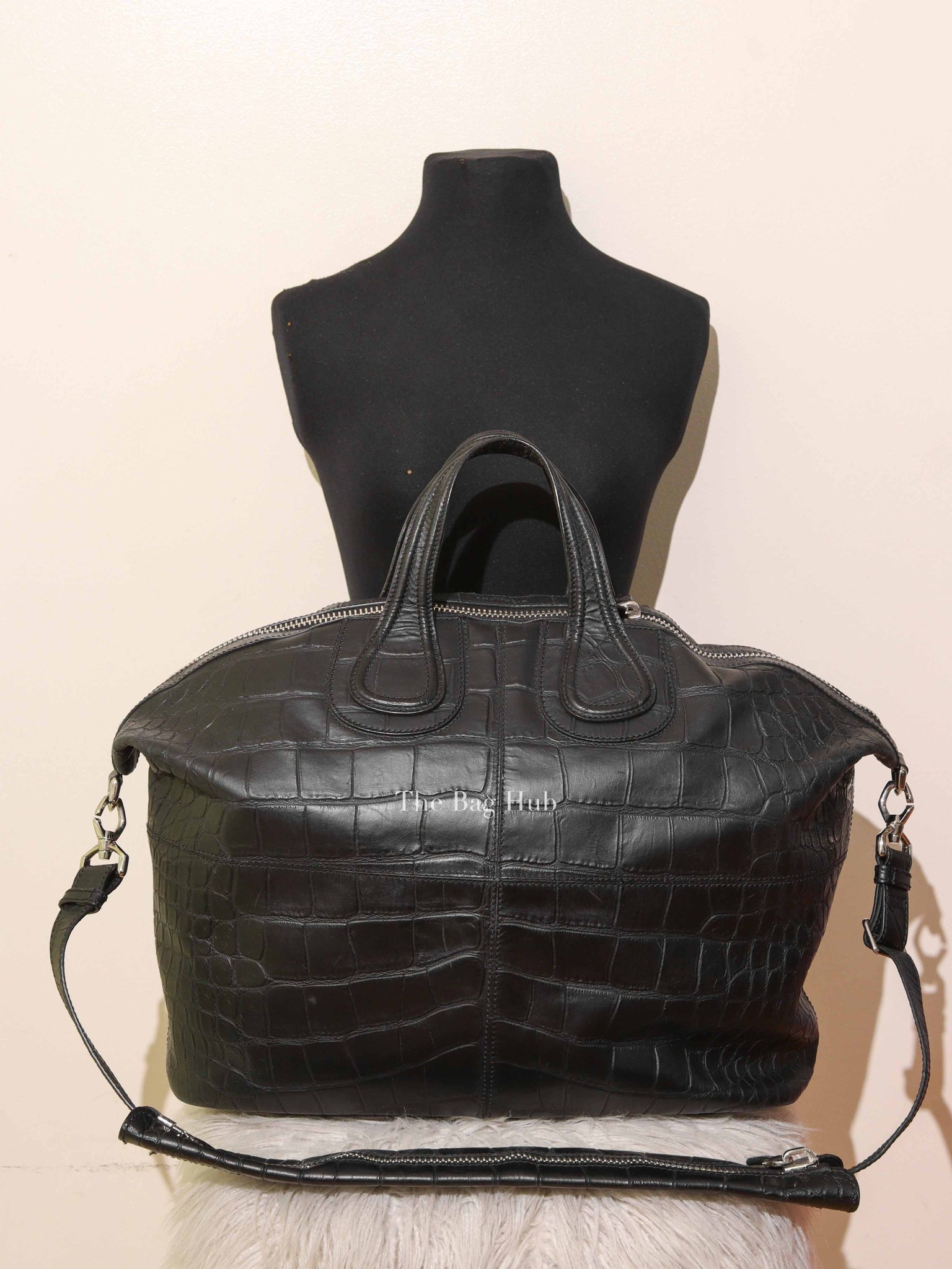 Givenchy Black Croc Calfskin Leather Large Nightingale Bag