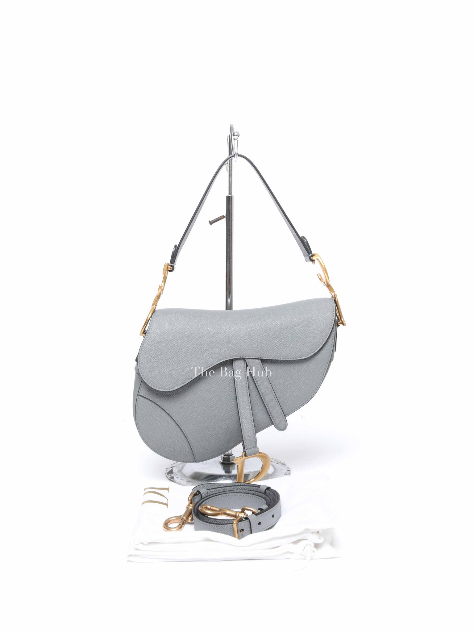 Dior Stone Gray Grained Calfskin Saddle Bag with Strap