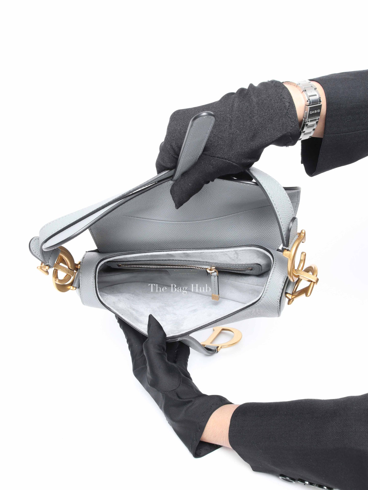 Dior Stone Gray Grained Calfskin Saddle Bag with Strap