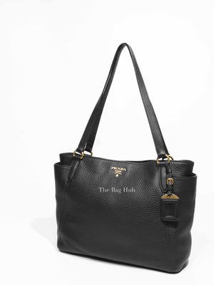 Prada Black Vitello Daino Leather Side Pocket Shoulder Bag