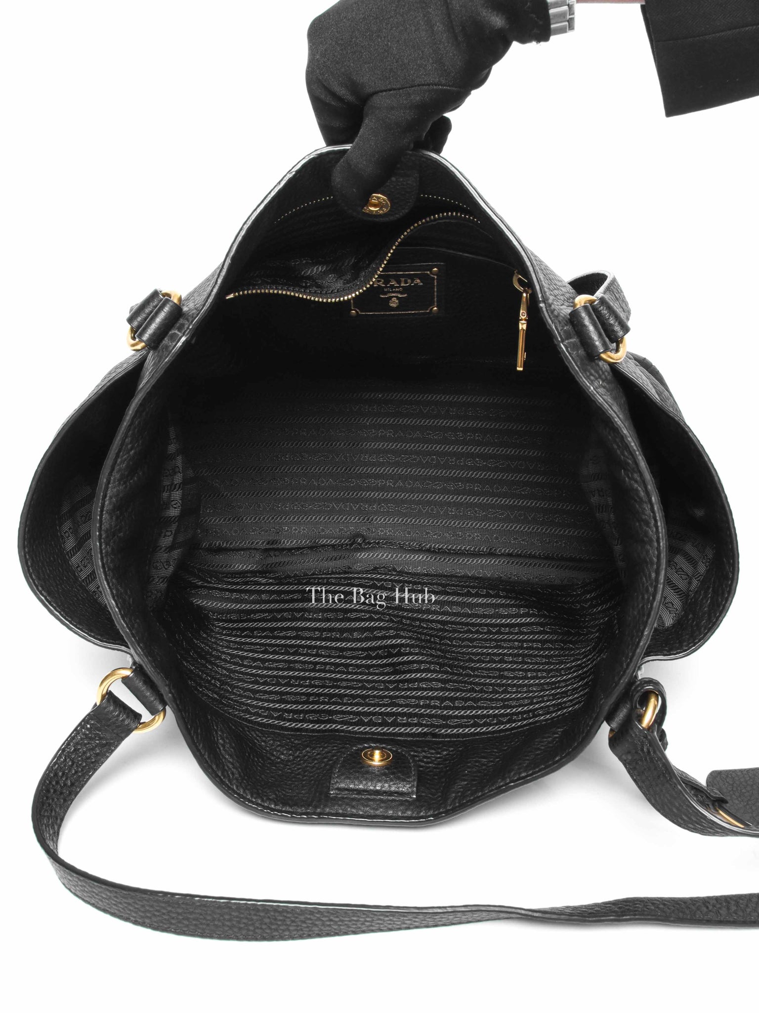 Prada Black Vitello Daino Leather Side Pocket Shoulder Bag