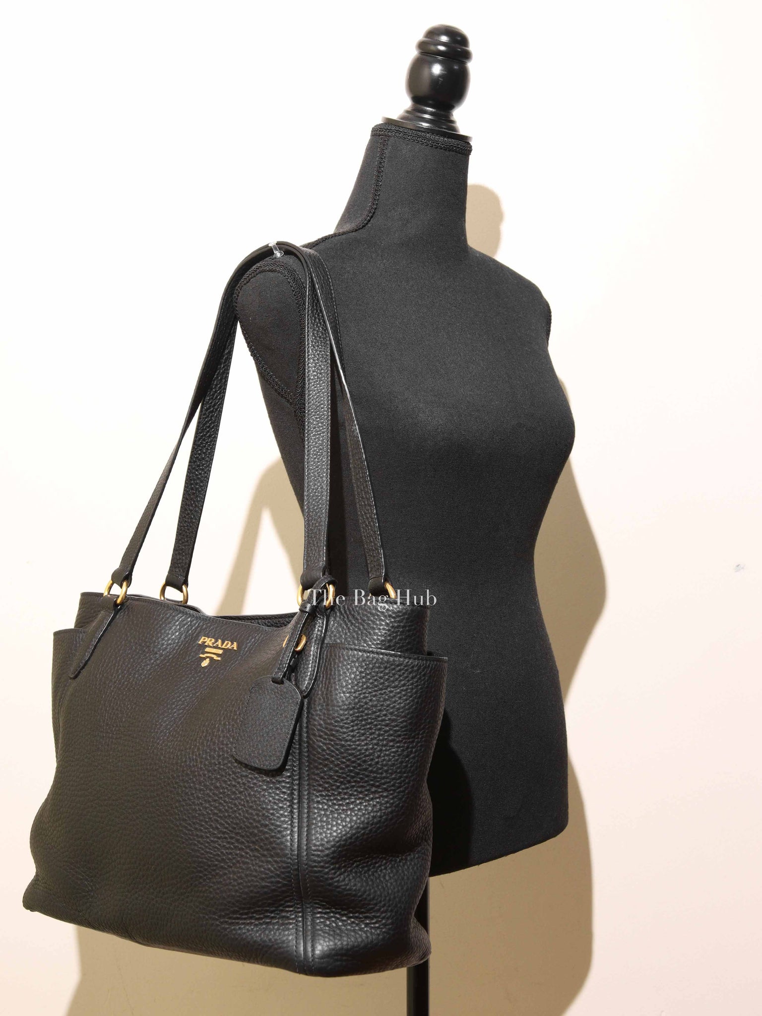 Prada Black Vitello Daino Leather Side Pocket Shoulder Bag