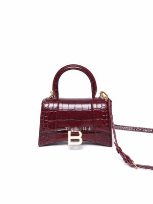 Balenciaga Burgundy Croc Embossed Leather XS Hourglass Top Handle Bag
