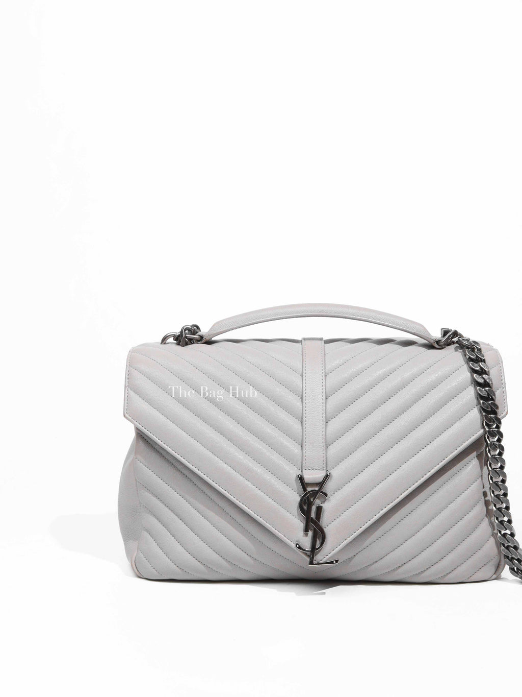 Saint Laurent Light Grey Leather Chevron Quilted Monogram College Large Bag