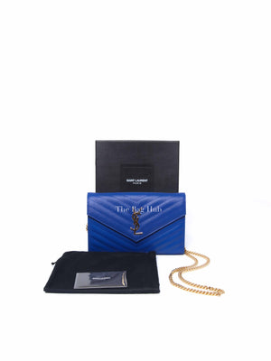 Saint Laurent Blue Grained Leather Classic Cassandre Chain Wallet