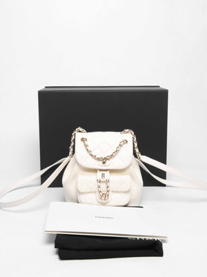 Chanel White Quilted Shiny Aged Calfskin Duma Drawstring Small Backpack
