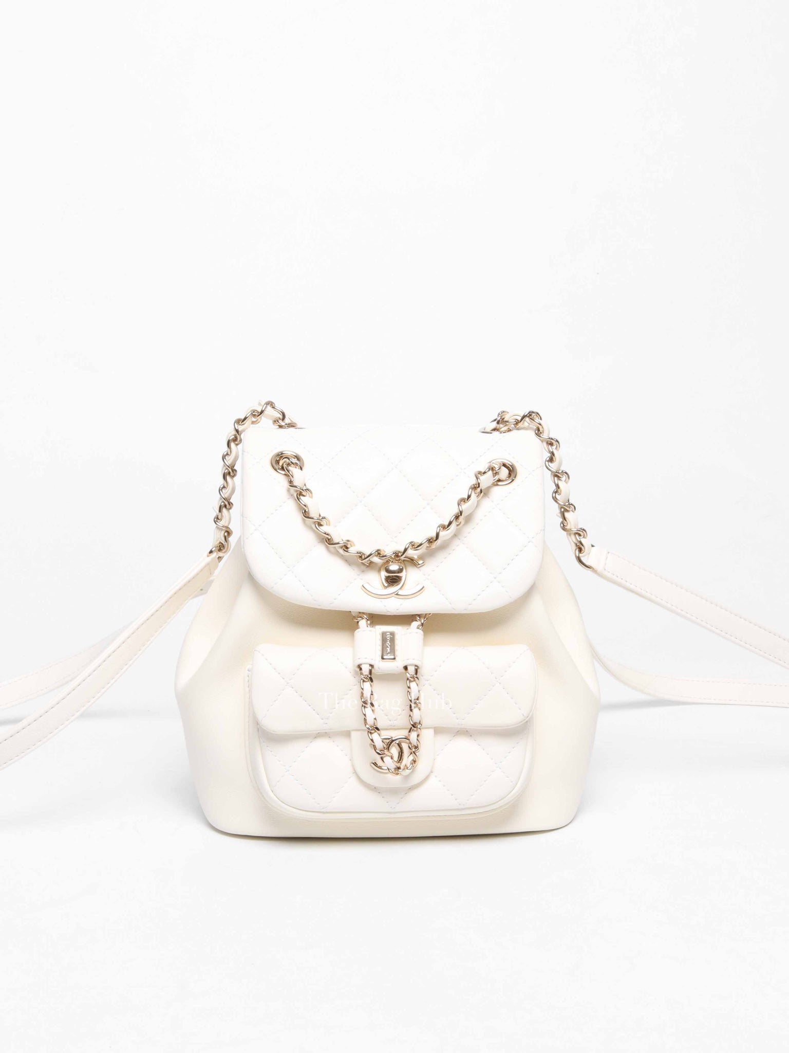 Chanel White Quilted Shiny Aged Calfskin Duma Drawstring Small Backpack