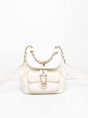 Chanel White Quilted Shiny Aged Calfskin Duma Drawstring Small Backpack