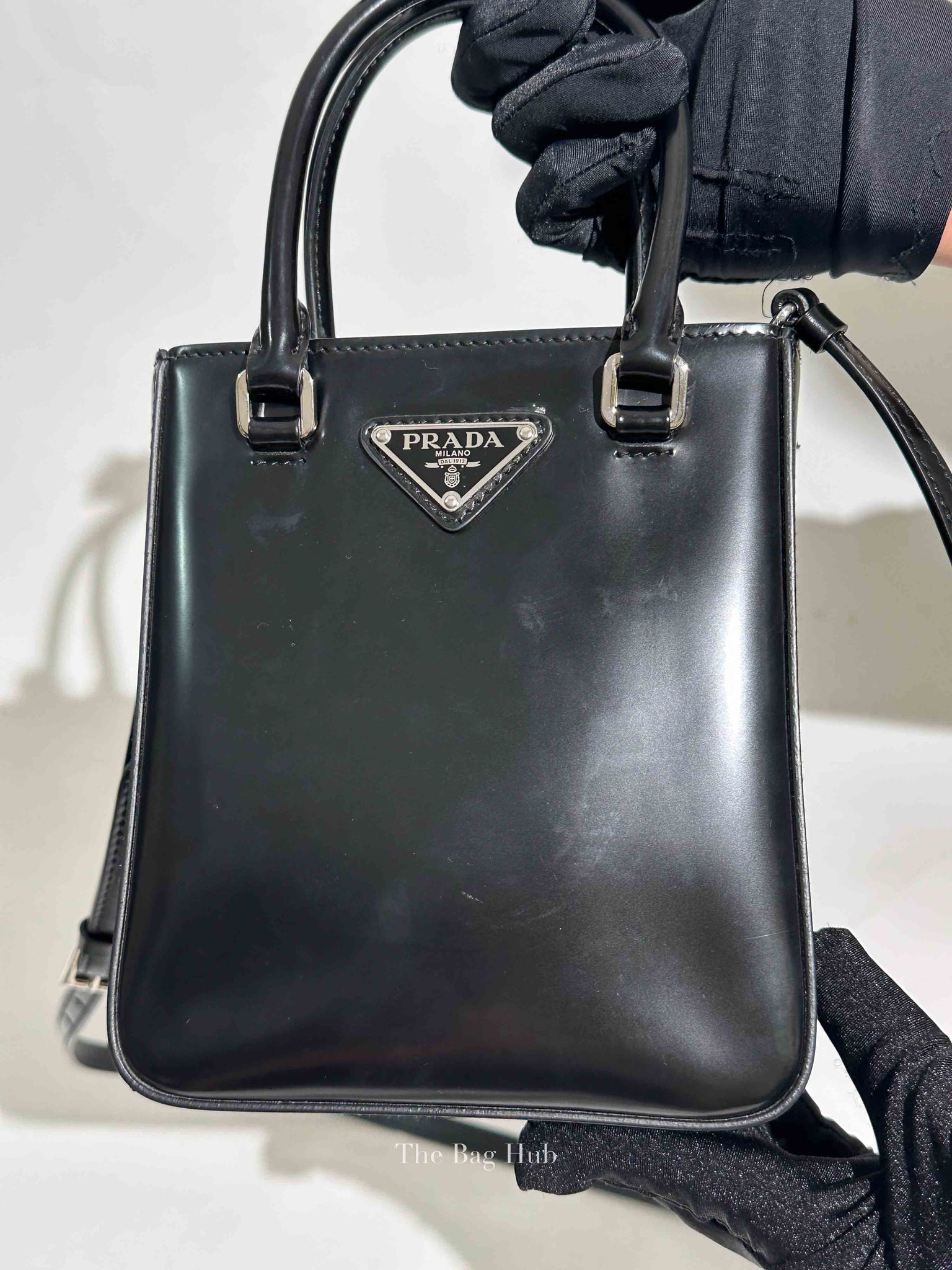 Prada Black Spazzolato Leather Small Tote Shoulder Bag
