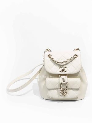 Chanel White Quilted Shiny Aged Calfskin Duma Drawstring Small Backpack