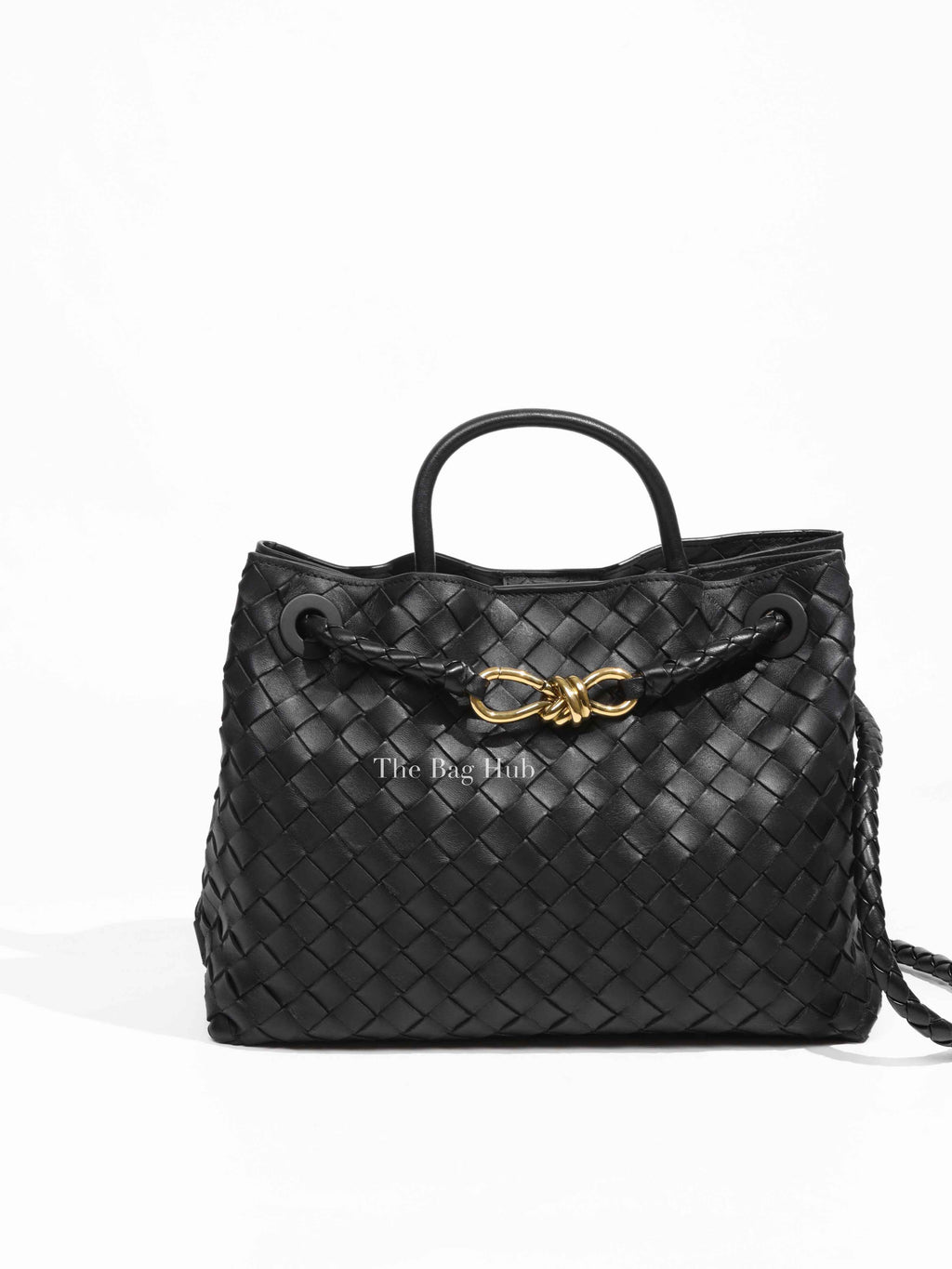Bottega Veneta Black Intrecciato Lambskin Leather Medium Andiamo Top Handle Bag