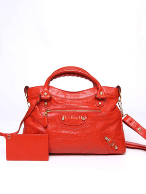 Balenciaga Red Orange Lambskin Leather Giant 12 Motorcycle Town Bag GHW