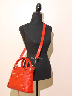 Balenciaga Red Orange Lambskin Leather Giant 12 Motorcycle Town Bag GHW