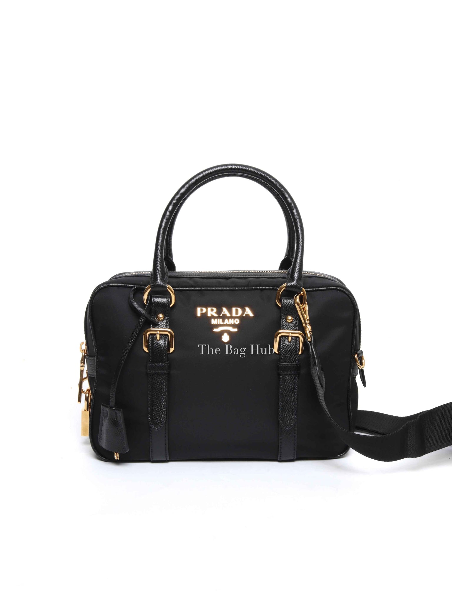 Prada Black Tessuto Nylon Saffiano Bauletto 2way Bag