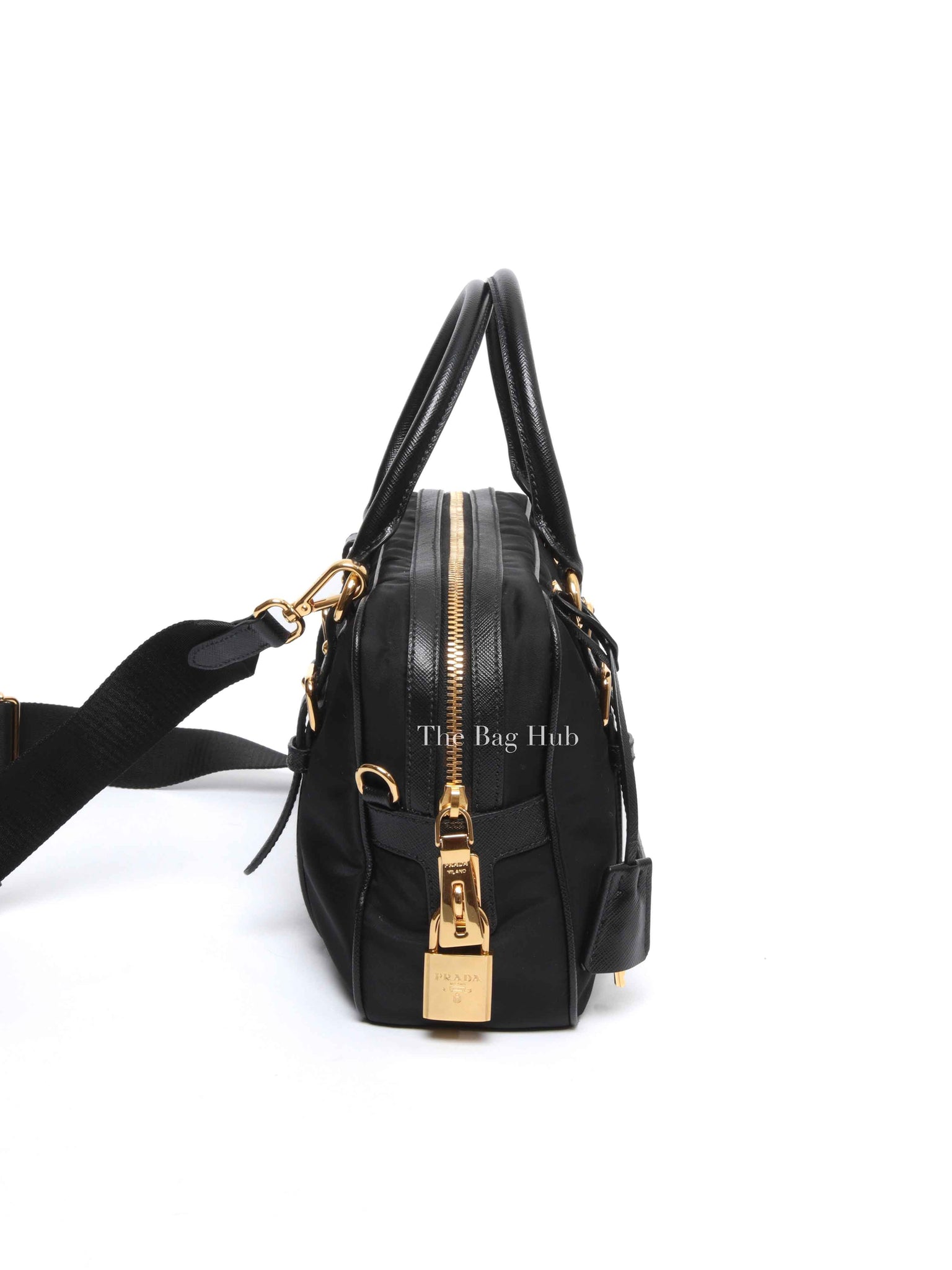 Prada Black Tessuto Nylon Saffiano Bauletto 2way Bag