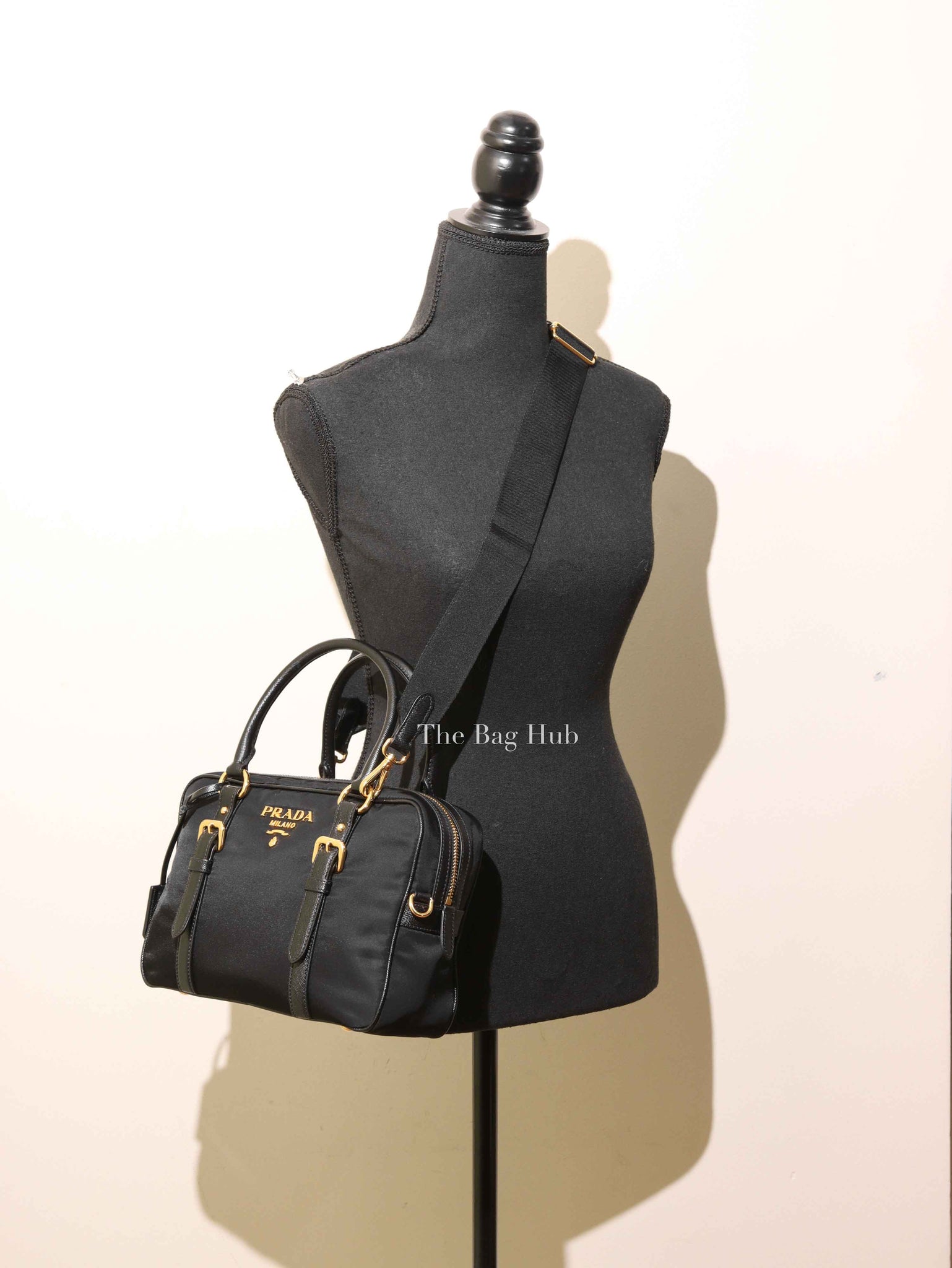 Prada Black Tessuto Nylon Saffiano Bauletto 2way Bag