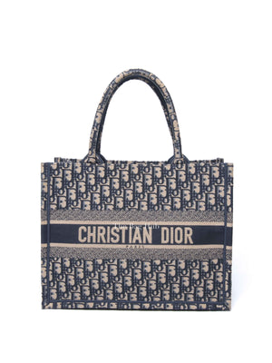 Dior Ecru and Blue Oblique Embroidery Medium Book Tote