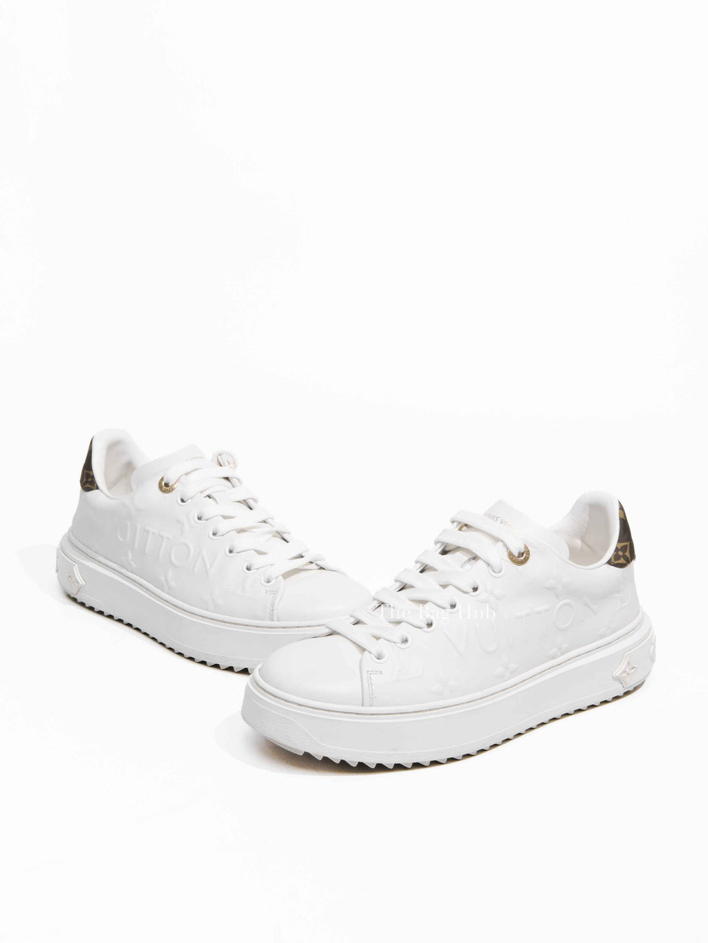 Louis Vuitton White Leather Debossed Monogram Time Out Sneakers Size 36.5