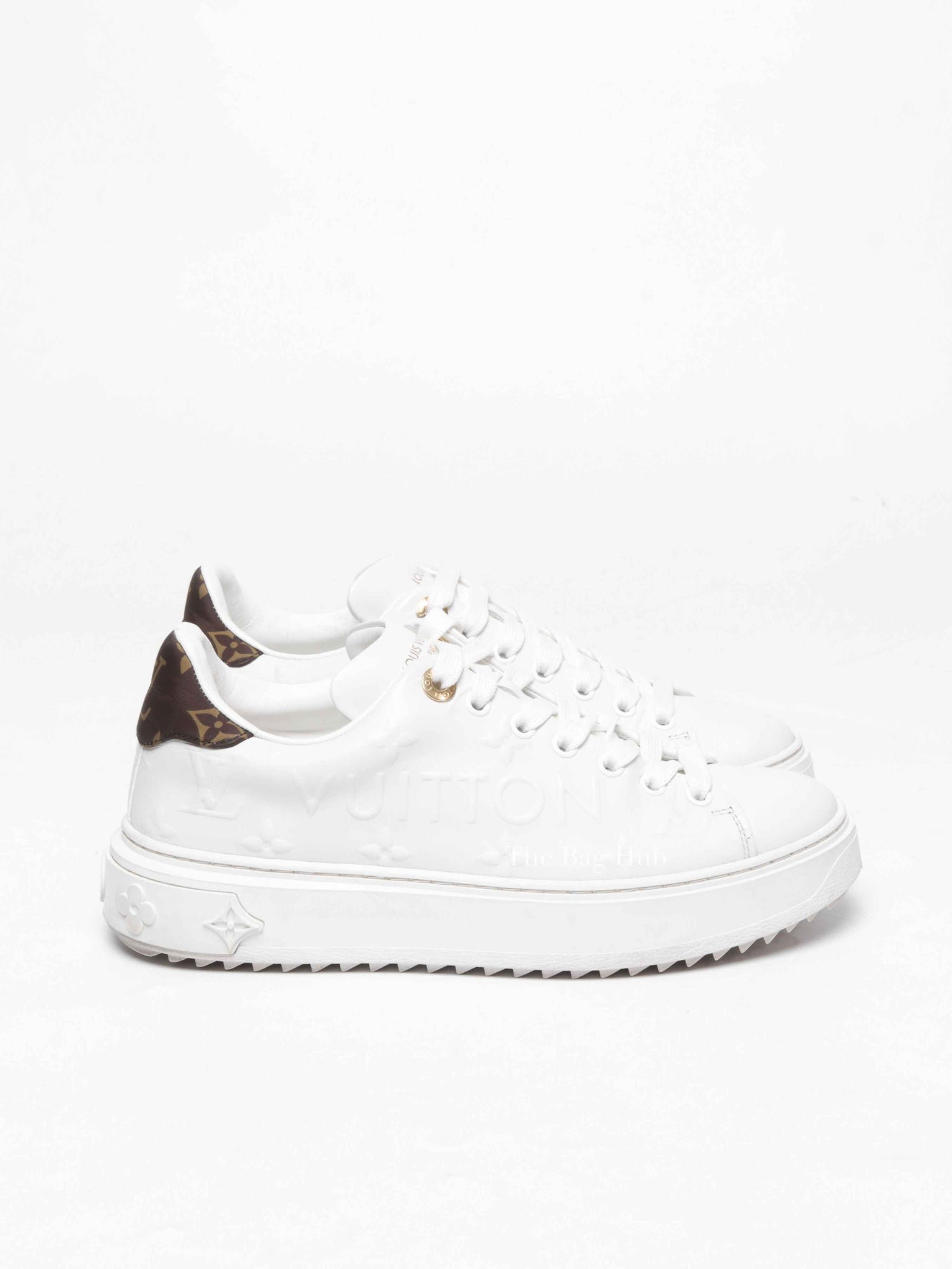Louis Vuitton White Leather Debossed Monogram Time Out Sneakers Size 36.5