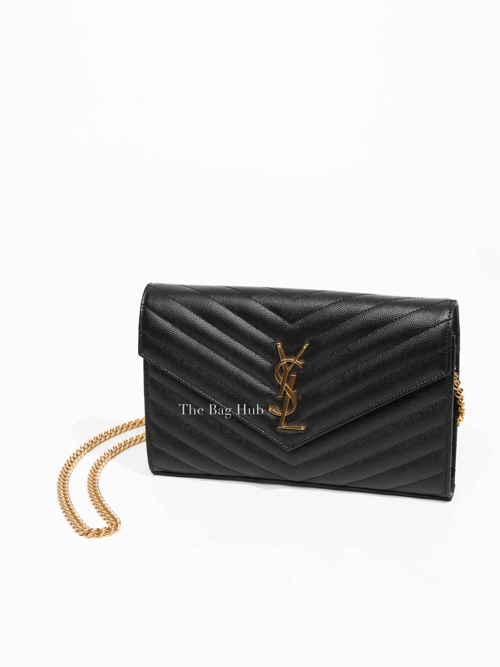 Saint Laurent Black Grain De Poudre Matelasse Chevron Monogram Chain Wallet