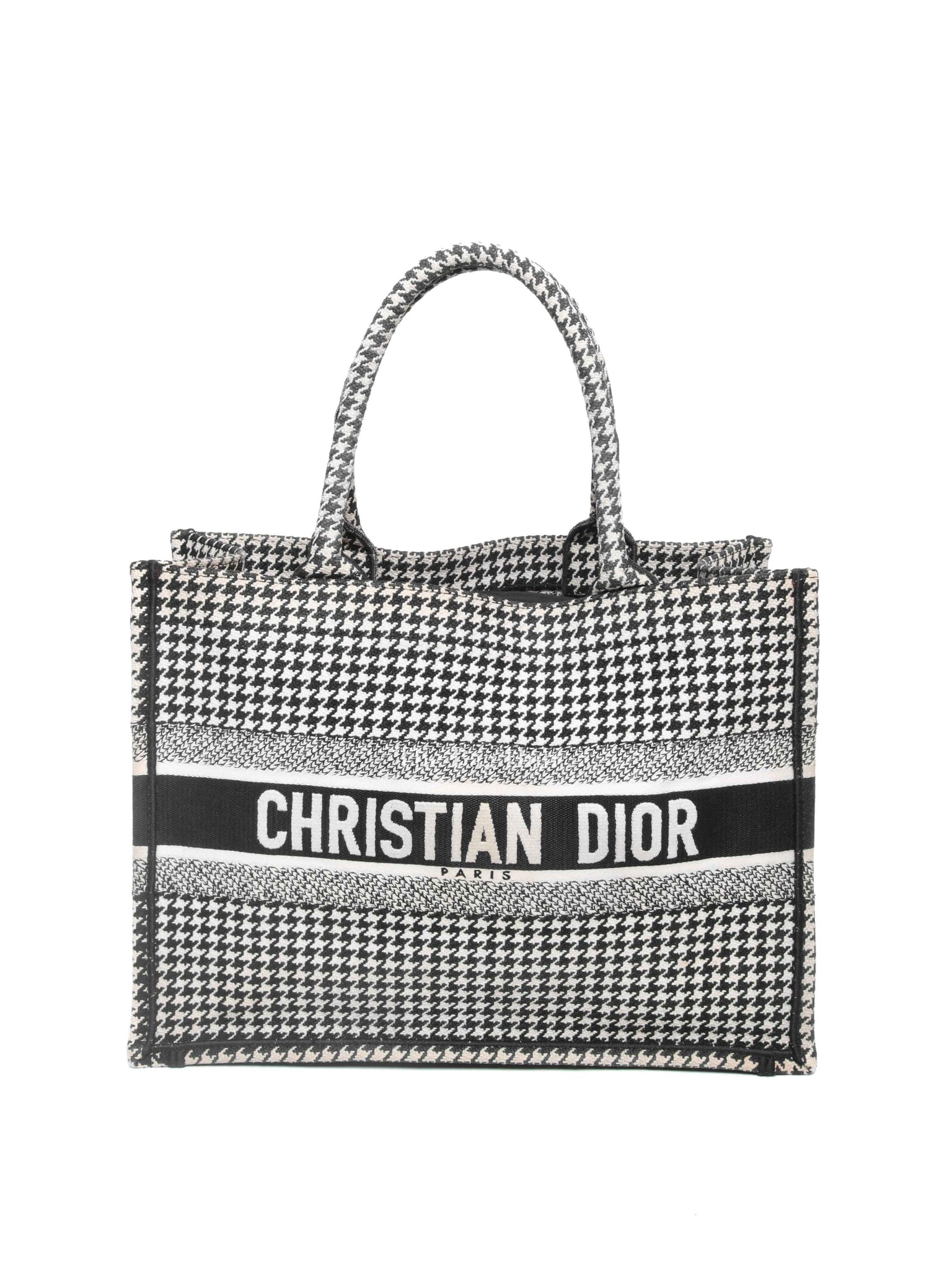 Christian Dior White/Black Houndstooth Embroidered Medium Book Tote