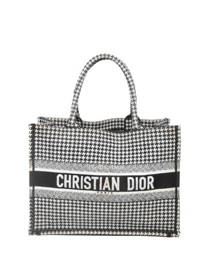Christian Dior White/Black Houndstooth Embroidered Medium Book Tote