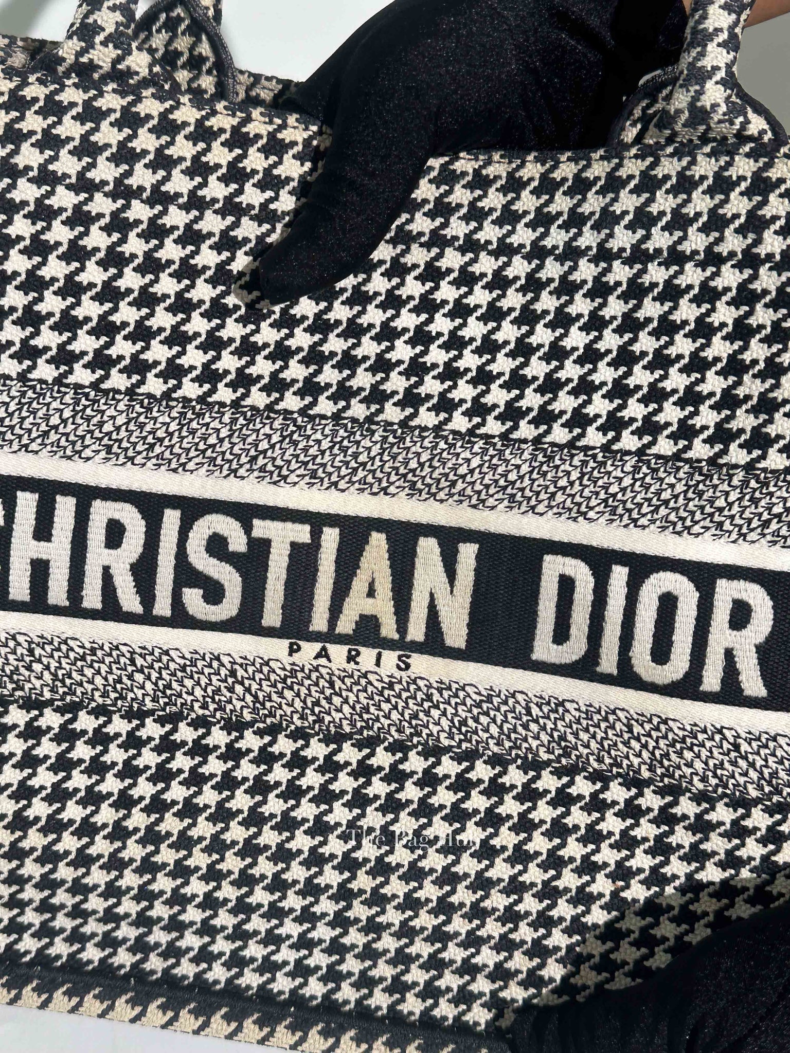 Christian Dior White/Black Houndstooth Embroidered Medium Book Tote