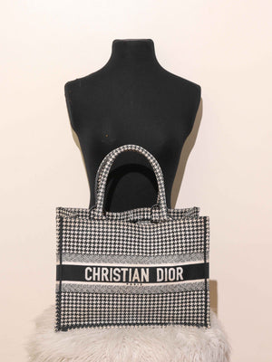 Christian Dior White/Black Houndstooth Embroidered Medium Book Tote