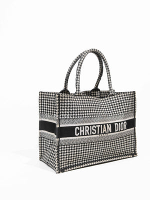Christian Dior White/Black Houndstooth Embroidered Medium Book Tote
