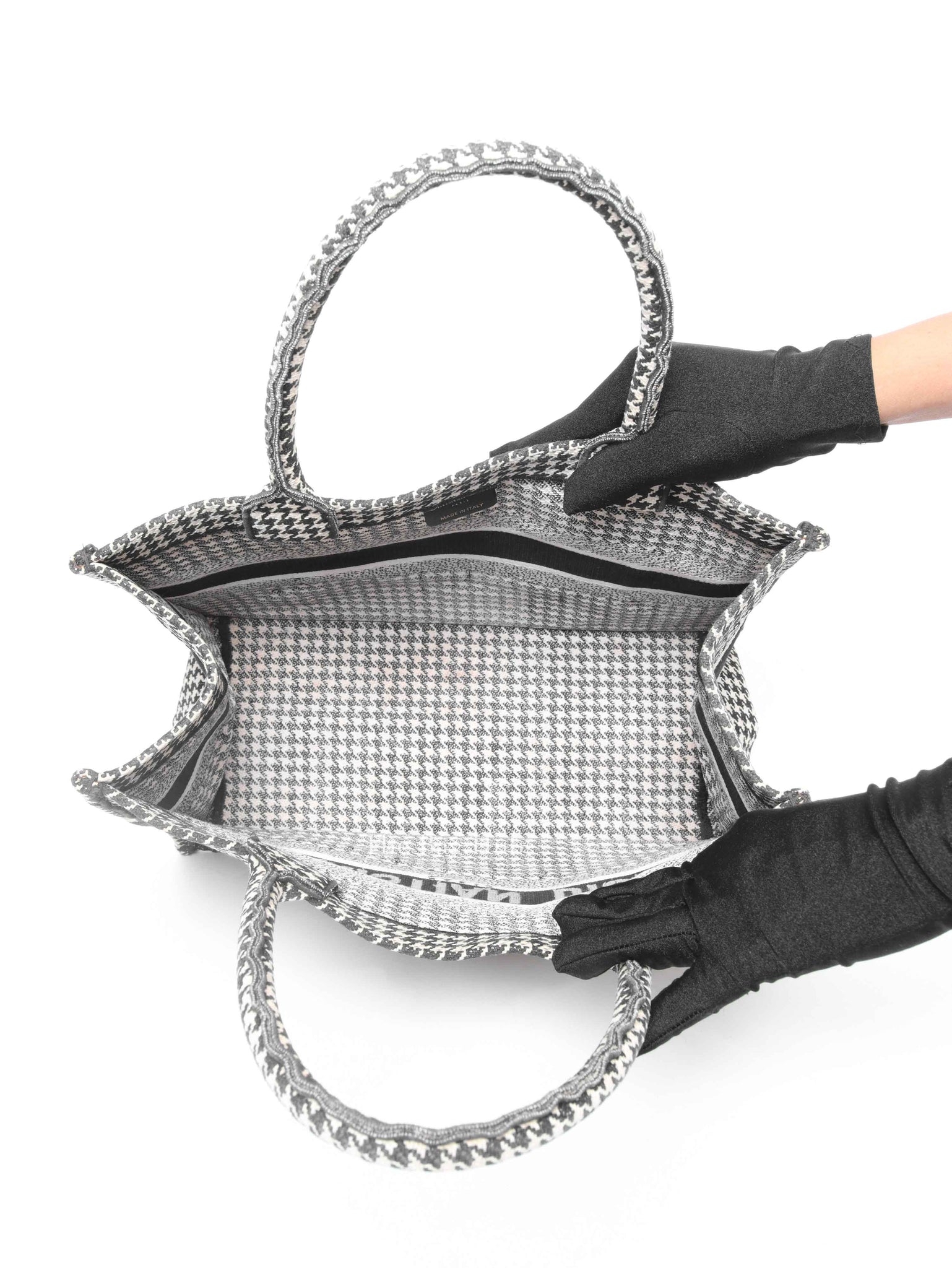 Christian Dior White/Black Houndstooth Embroidered Medium Book Tote
