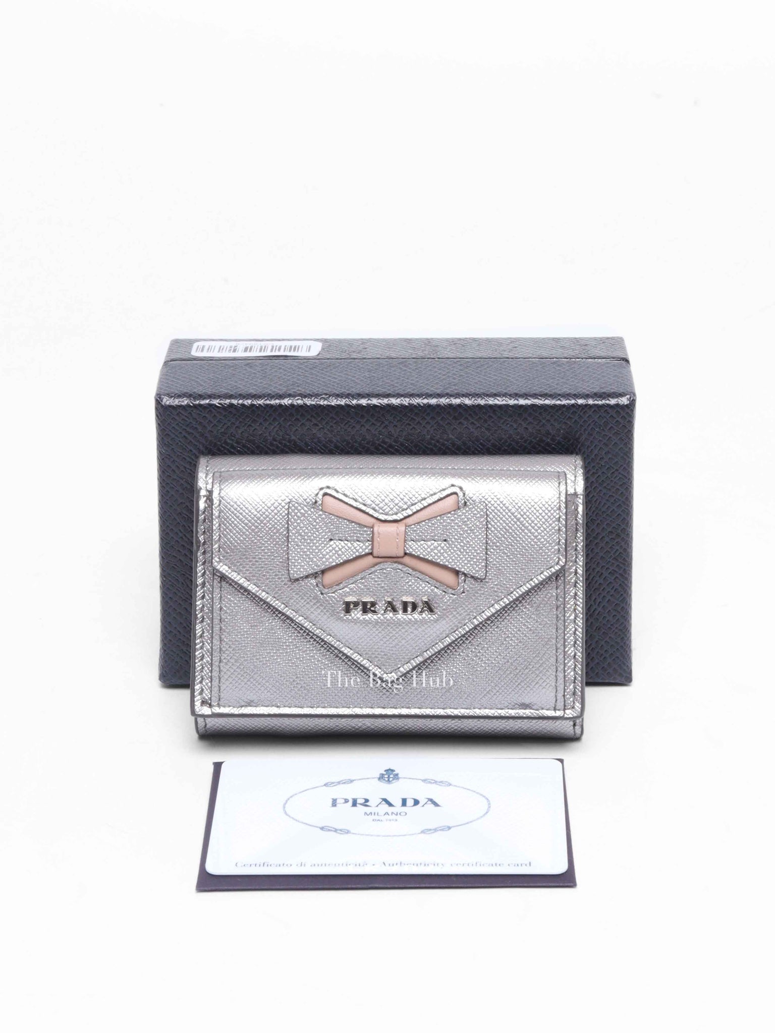 Prada Silver Saffiano Leather Ribboned Motif Tri-fold Compact Wallet
