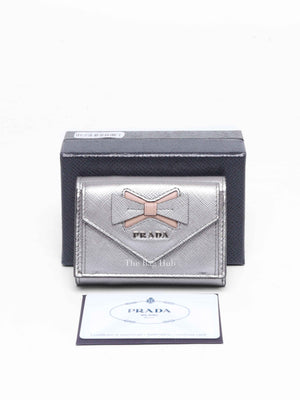Prada Silver Saffiano Leather Ribboned Motif Tri-fold Compact Wallet
