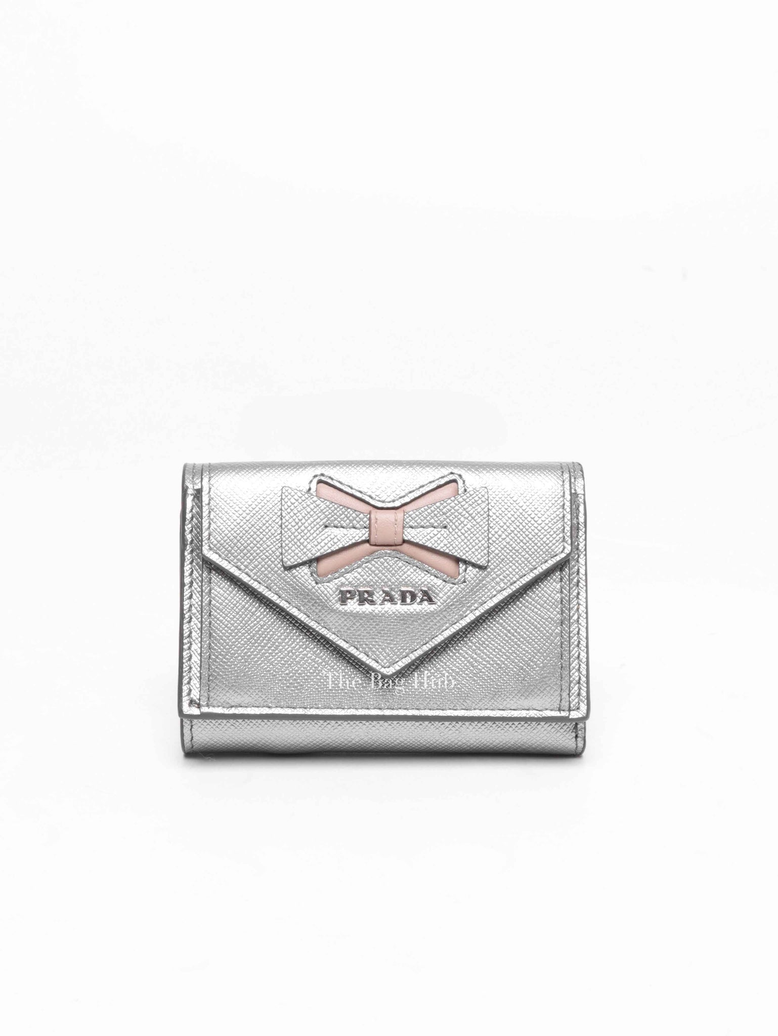 Prada Silver Saffiano Leather Ribboned Motif Tri-fold Compact Wallet