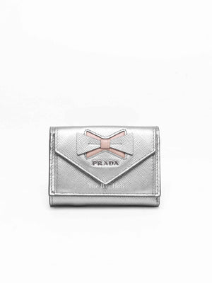 Prada Silver Saffiano Leather Ribboned Motif Tri-fold Compact Wallet