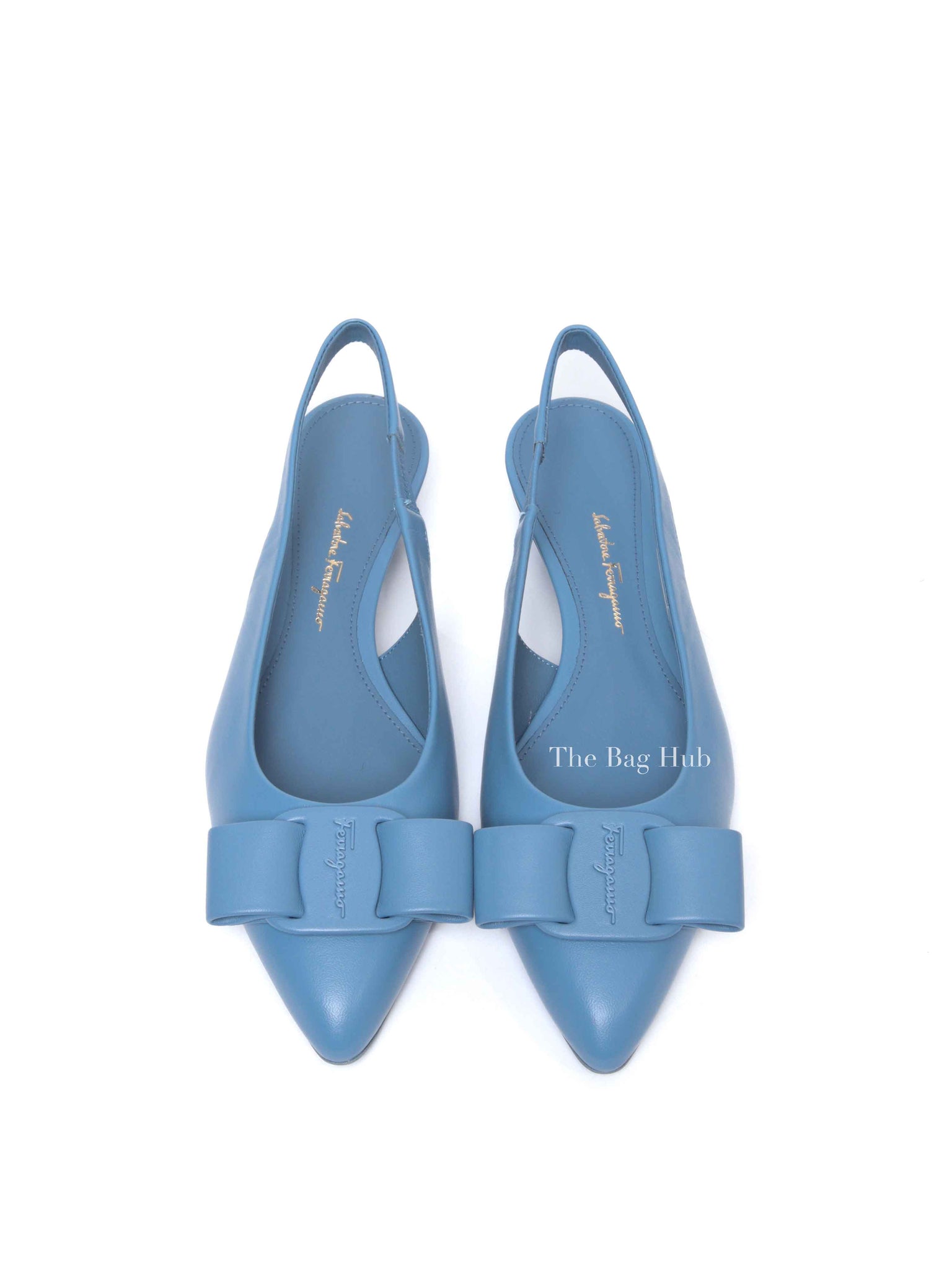 Salvatore Ferragamo Blue Leather Vara Bow Slingback Flats Size 7.5