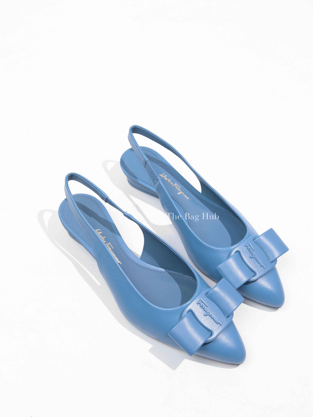 Salvatore Ferragamo Blue Leather Vara Bow Slingback Flats Size 7.5