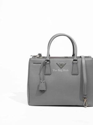 Prada Gray Saffiano Lux Leather Double Zip Medium Tote Bag