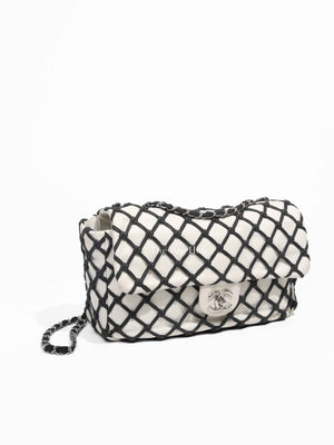 Chanel White Leather Canebiers Jumbo Net Flap Bag