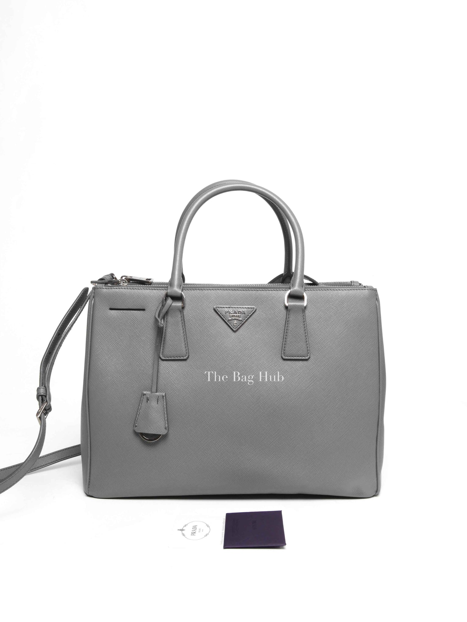 Prada Gray Saffiano Lux Leather Double Zip Medium Tote Bag