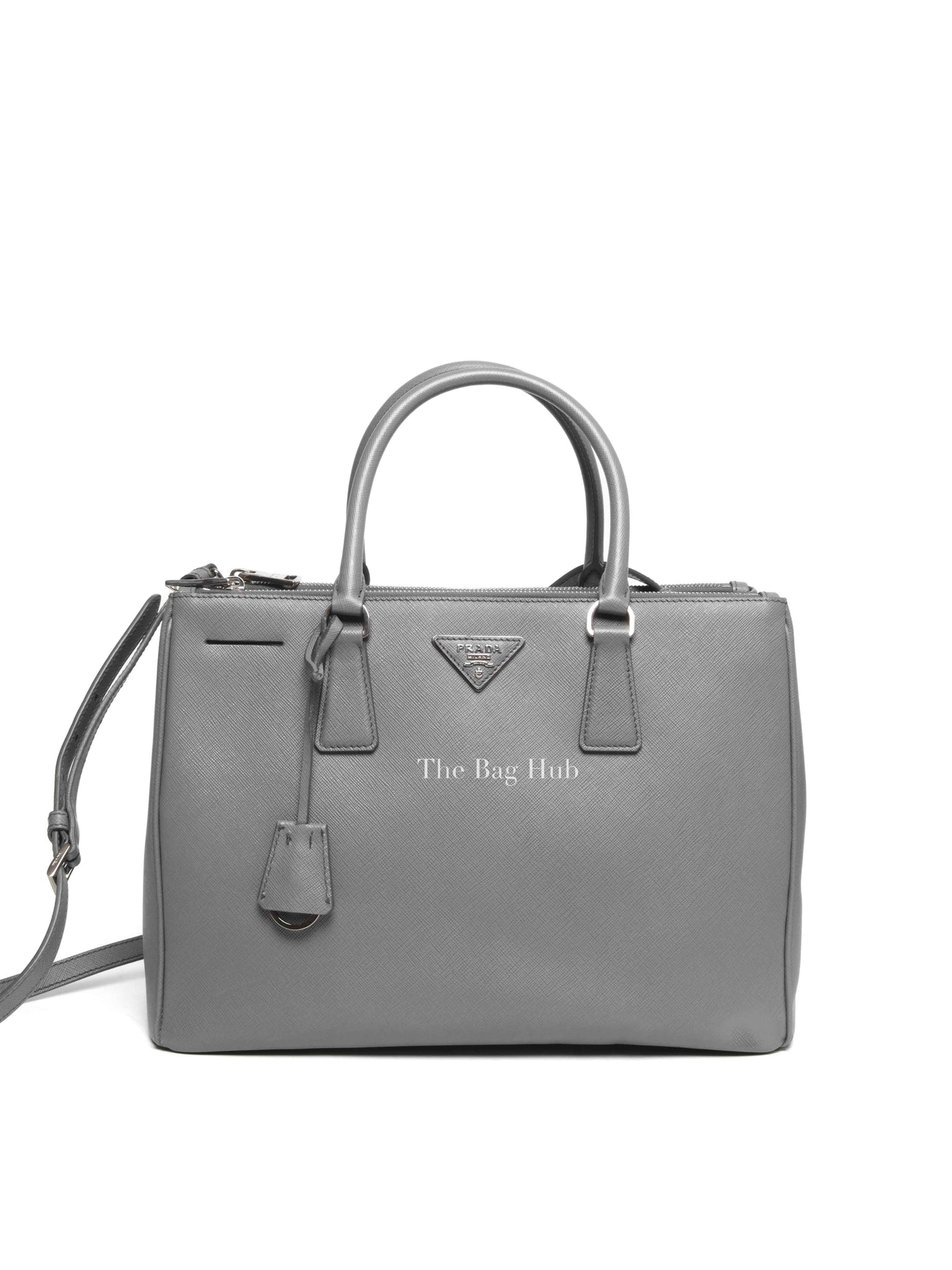 Prada Gray Saffiano Lux Leather Double Zip Medium Tote Bag