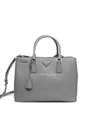 Prada Gray Saffiano Lux Leather Double Zip Medium Tote Bag