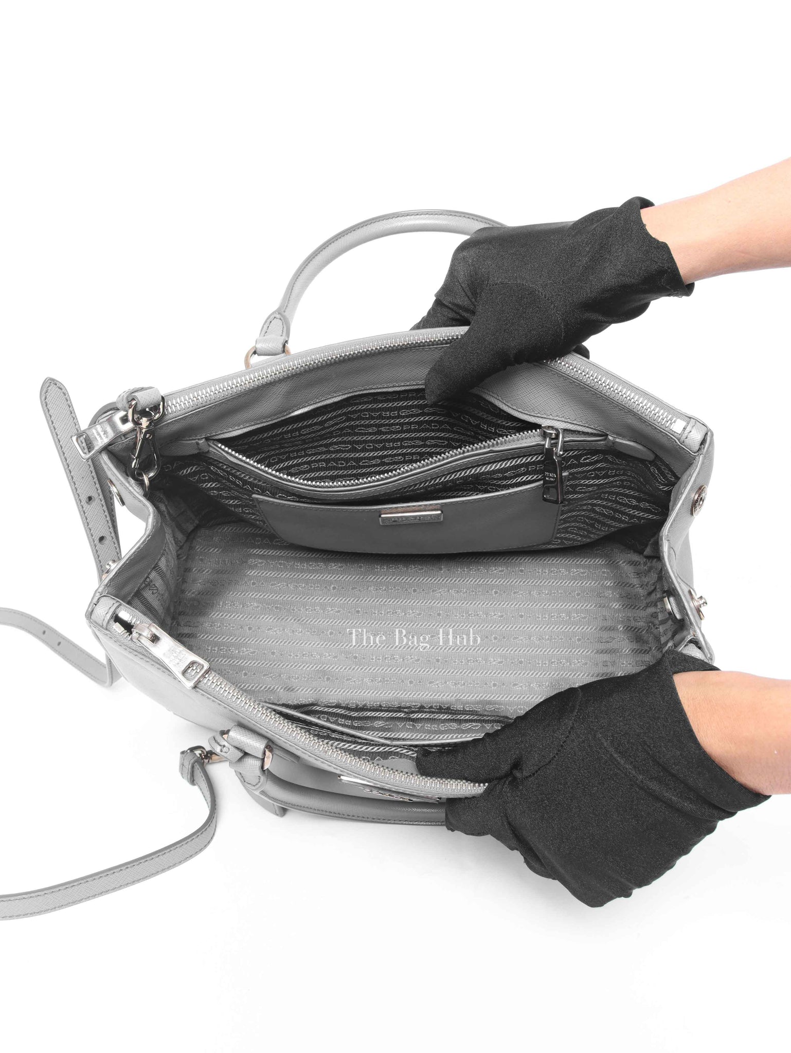Prada Gray Saffiano Lux Leather Double Zip Medium Tote Bag