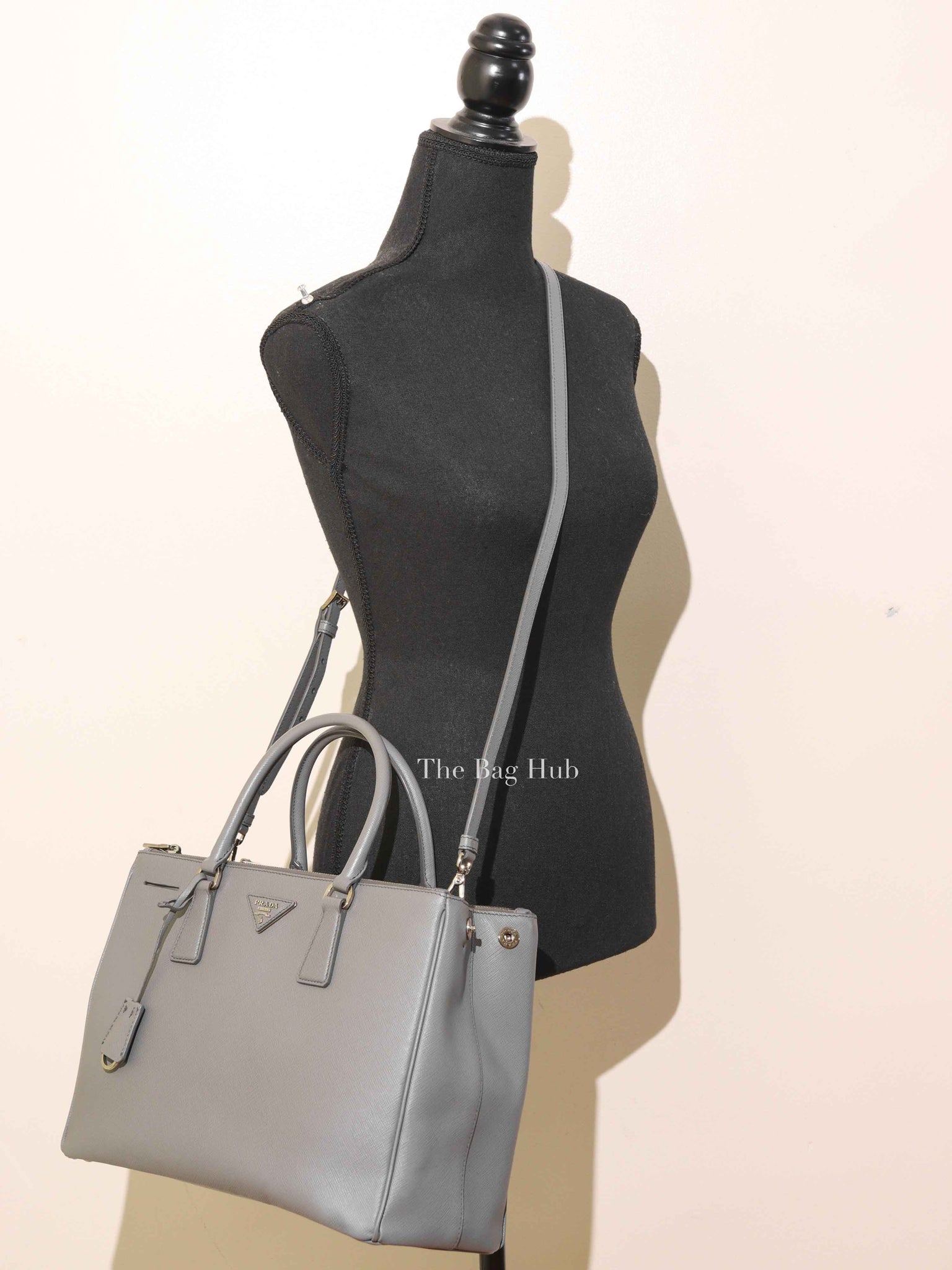 Prada Gray Saffiano Lux Leather Double Zip Medium Tote Bag