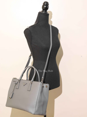 Prada Gray Saffiano Lux Leather Double Zip Medium Tote Bag