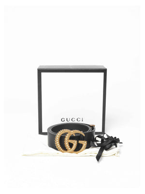 Gucci Black Leather Torchon Moon Double G 40mm Belt Size 90