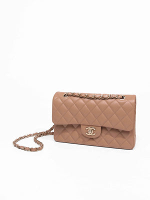 Chanel Dark Beige Quilted Caviar Leather Classic Double Flap Small Bag